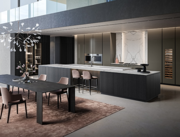 Dapur mewah dan elegan dengan desain kabinet glossy